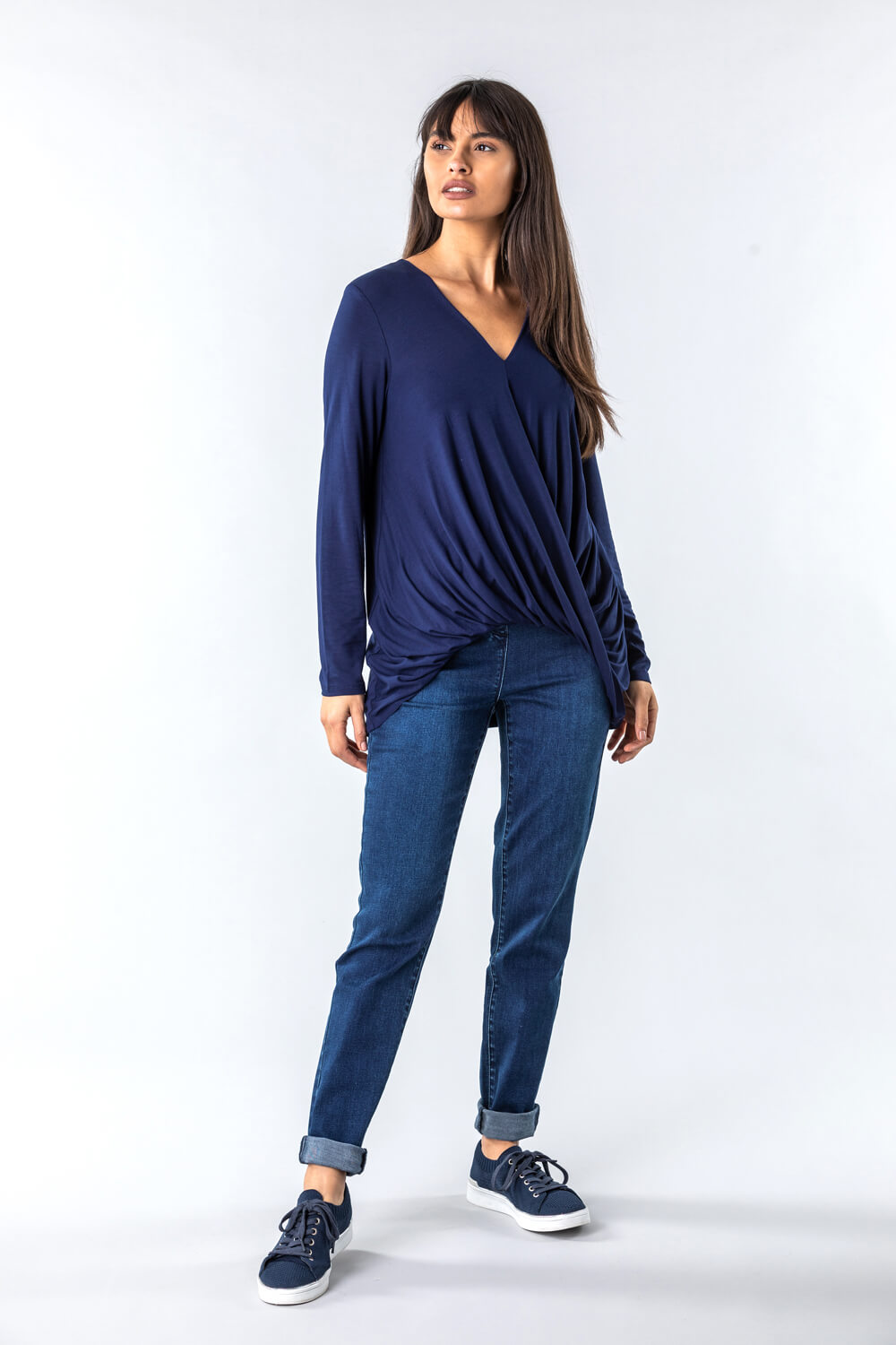 Navy  Wrap Front Long Sleeve Top, Image 2 of 4