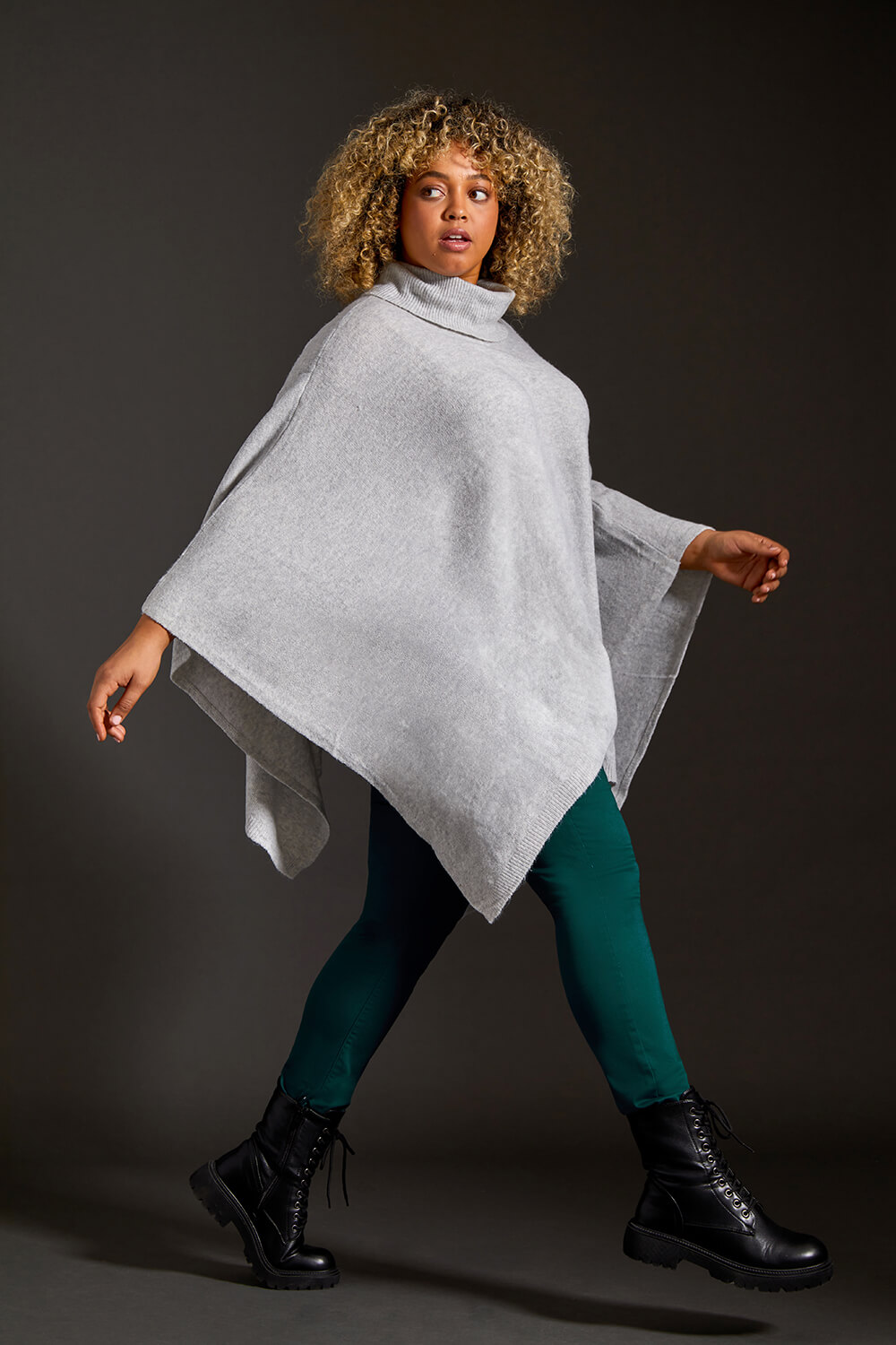 Grey Curve One Size Button Stretch Poncho, Image 6 of 7