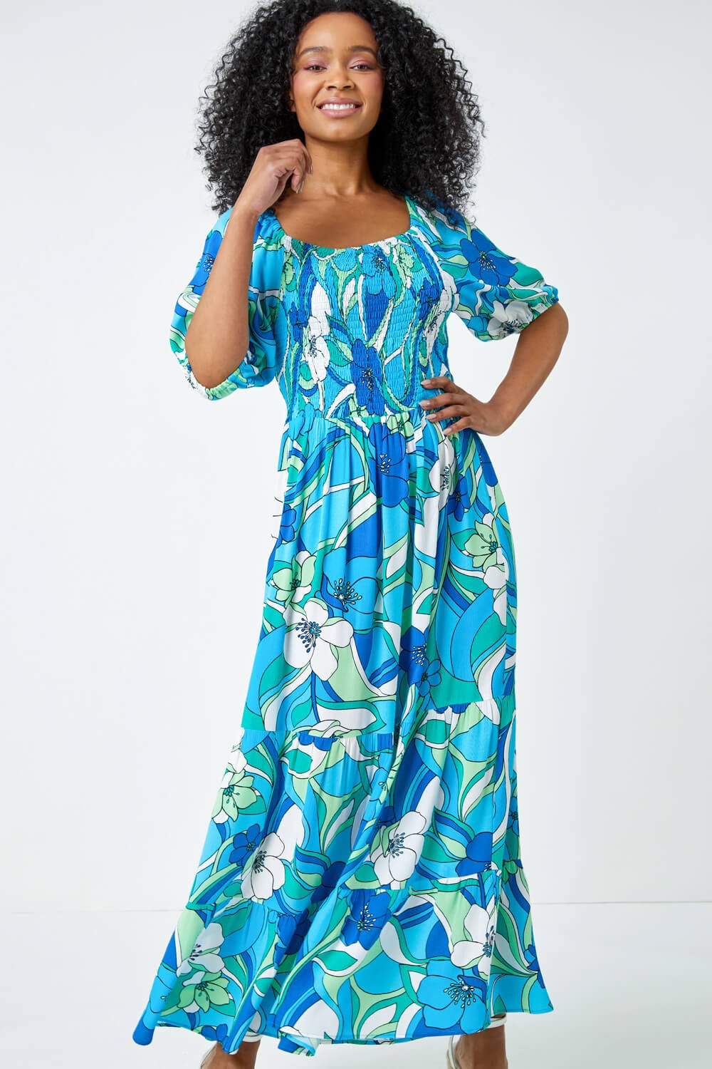 Petite Floral Stretch Tiered Maxi Dress