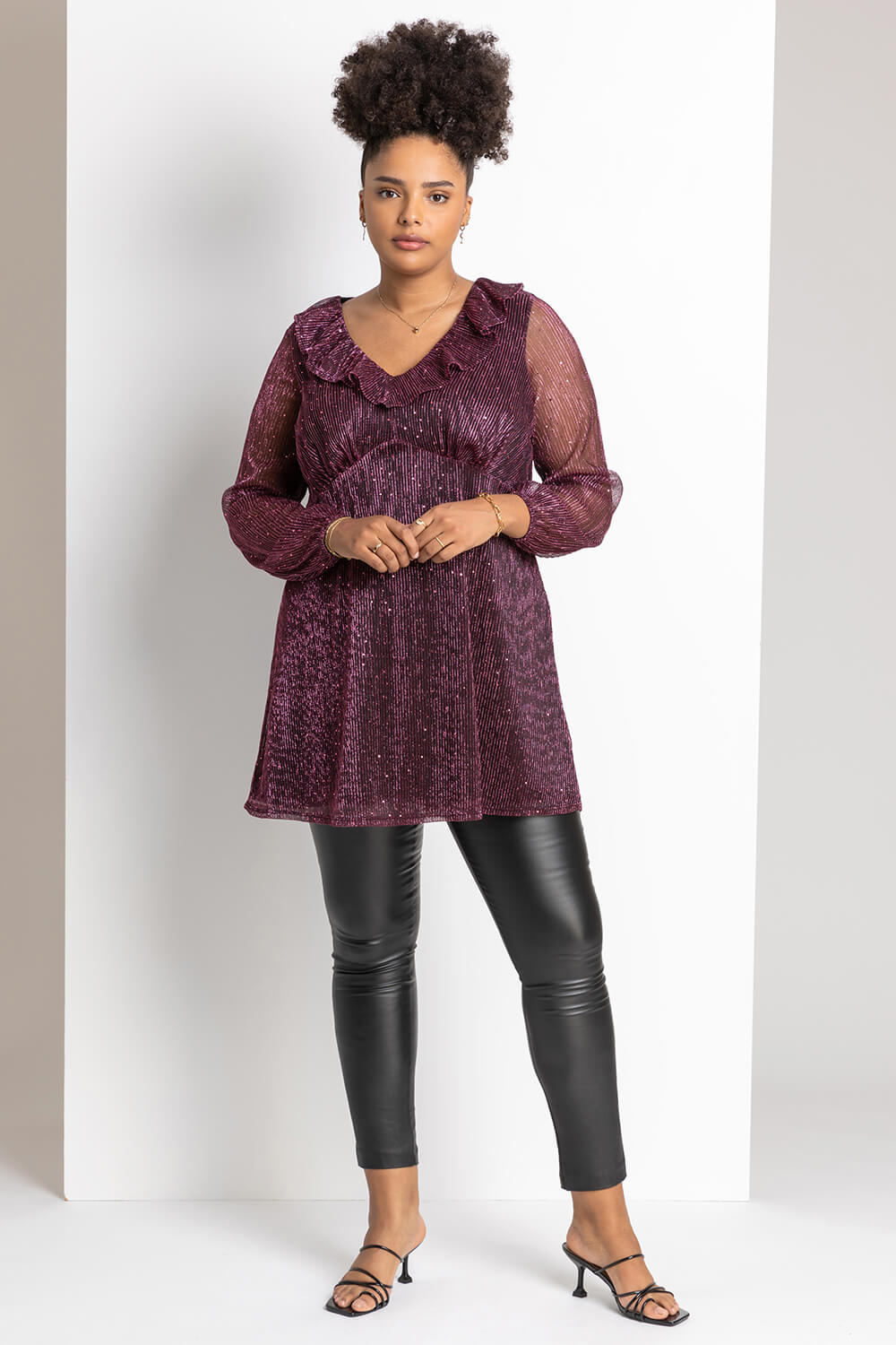 PINK Curve Metallic Plisse Frill Neck Tunic Top, Image 3 of 4