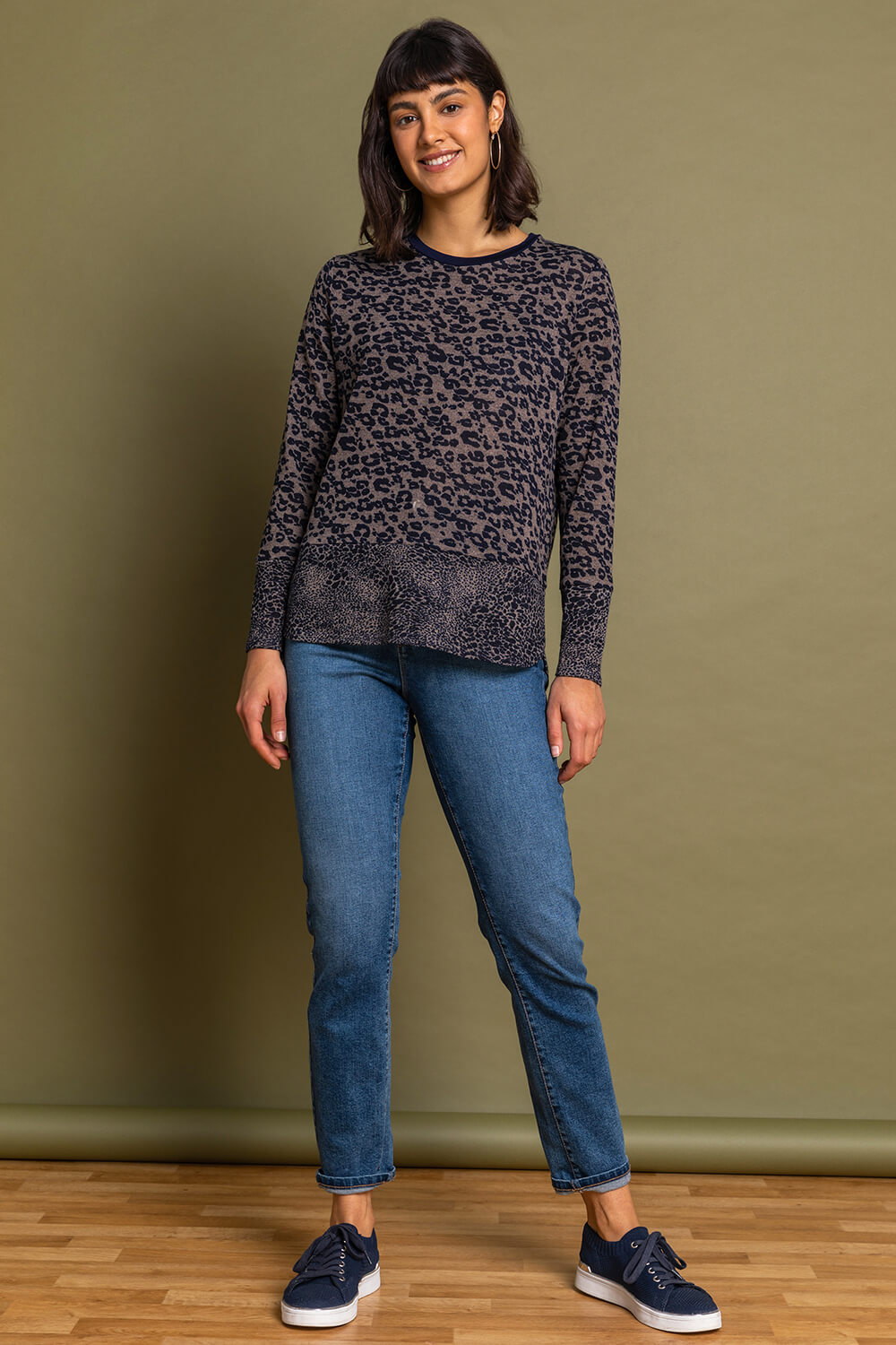 Taupe Leopard Print Round Neck Long Sleeve Jersey Top, Image 4 of 4