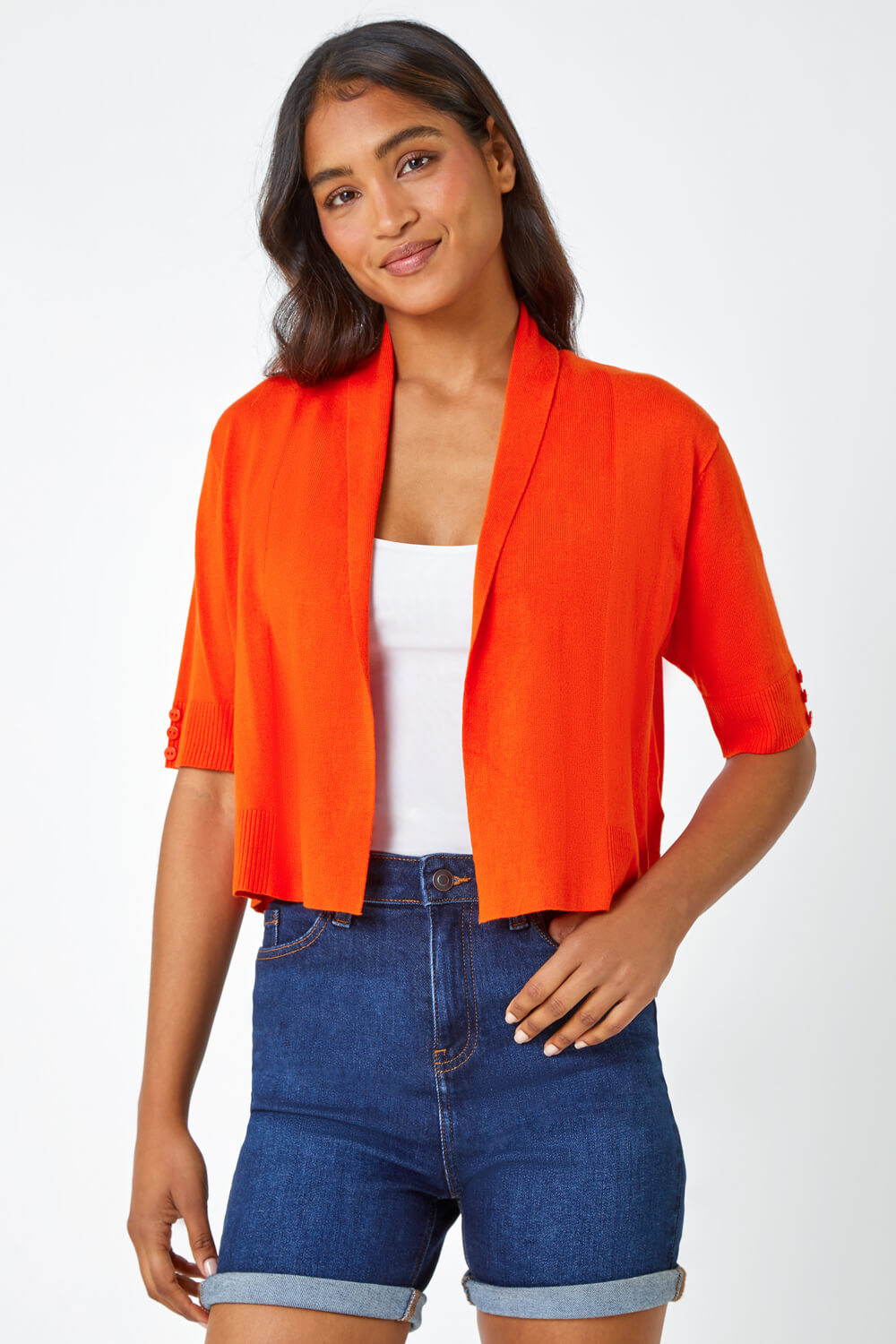 ORANGE Button Cuff Knitted Shrug, Image 2 of 5