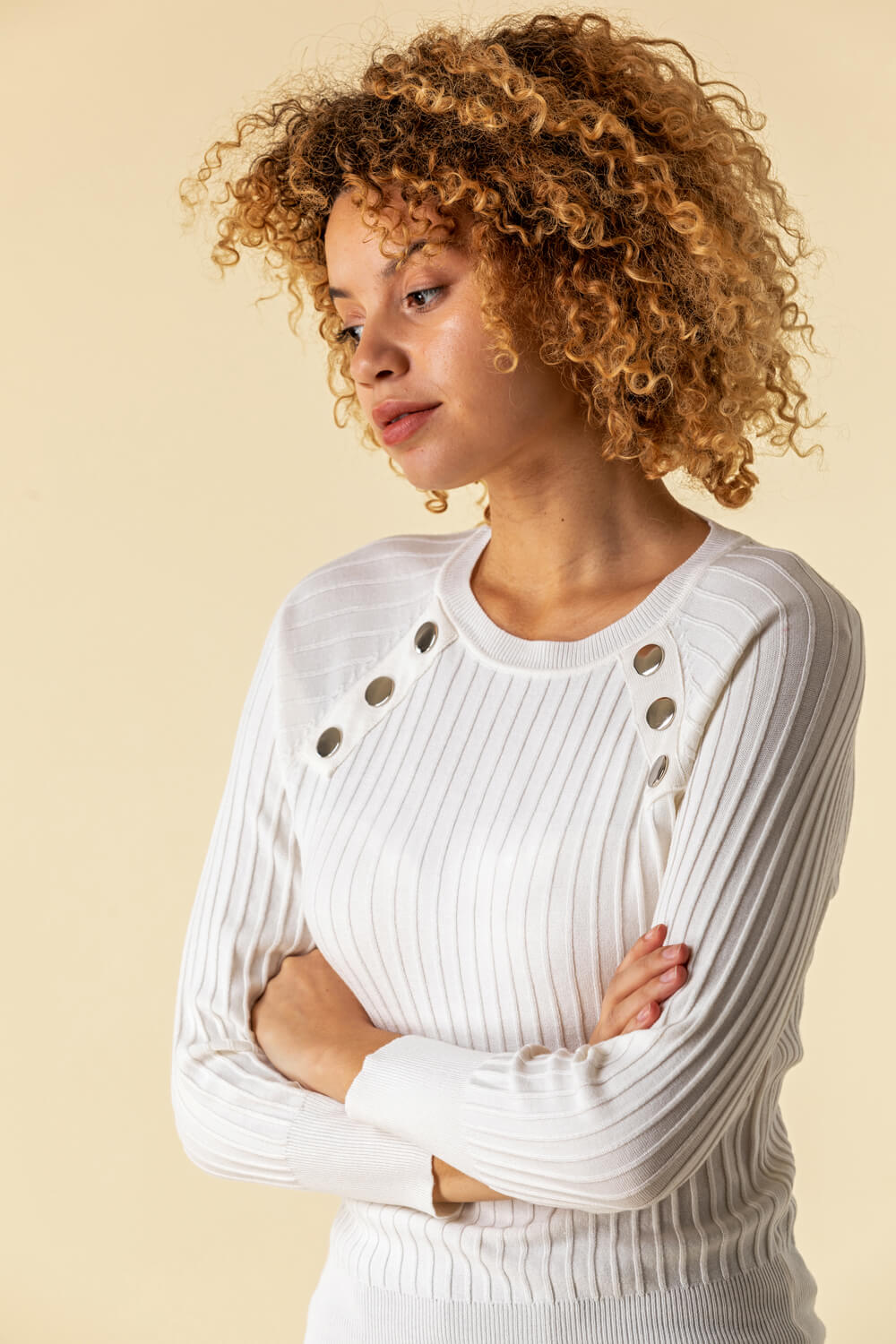 Ivory  Button Detail Ribbed Jumper, Image 4 of 4