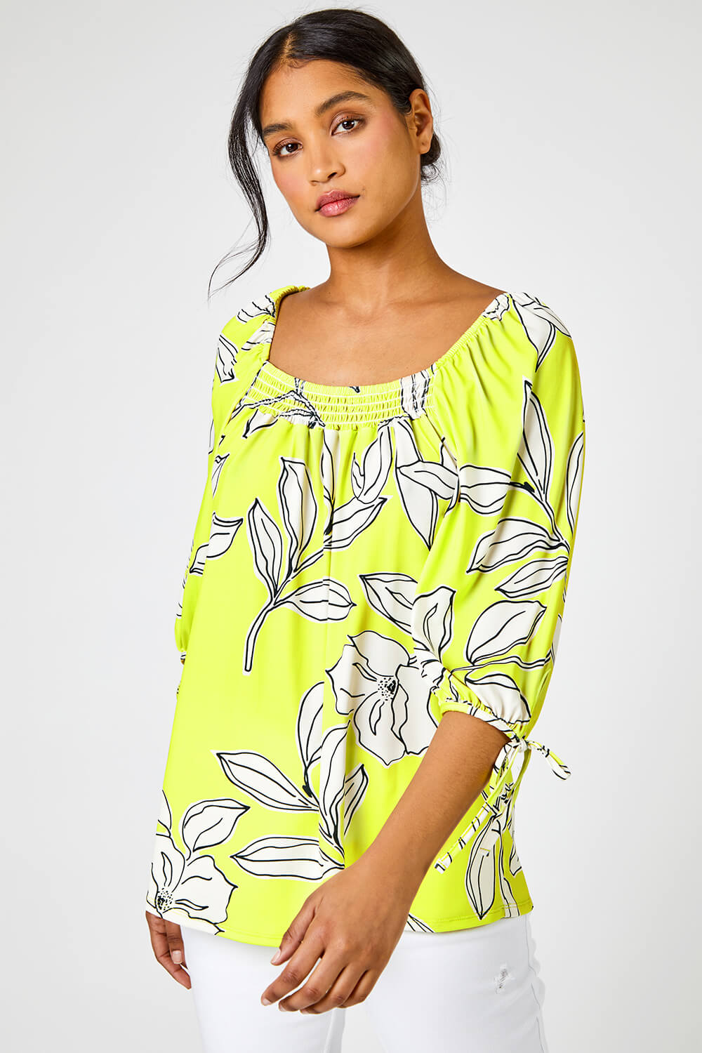 Lime Linear Floral Print Square Neck Top, Image 4 of 5