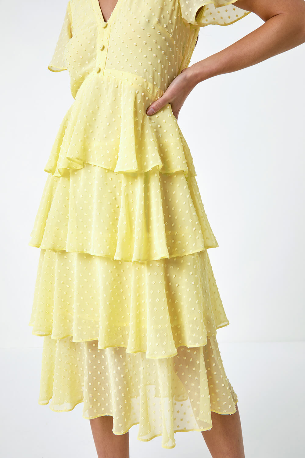 Lemon  Petite Textured Spot Tiered Midi Dress, Image 5 of 5