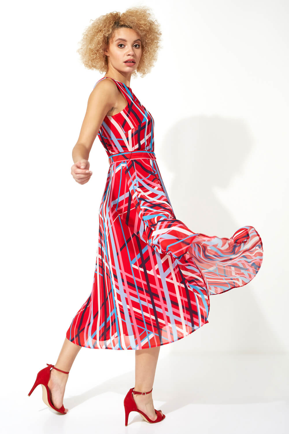 Red Stripe Print Fit and Flare Midi Dress, Image 3 of 5