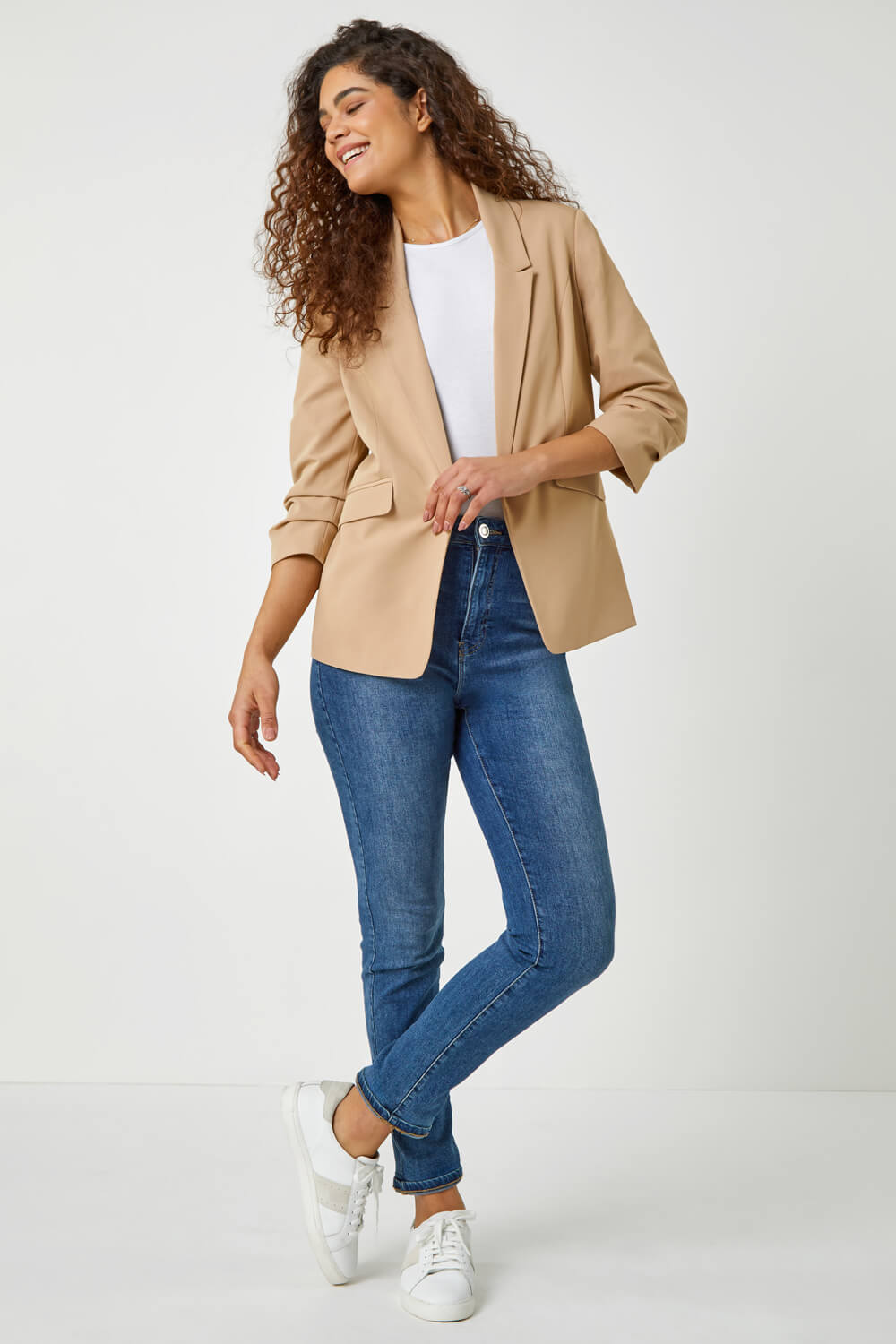 Natural  Ruched Sleeve Stretch Blazer , Image 2 of 5