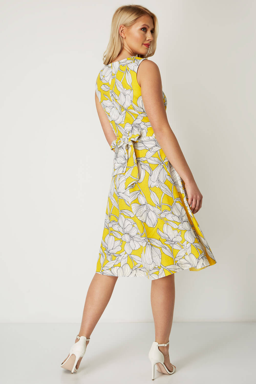 Yellow Floral Tie Waist Dress, Image 3 of 5