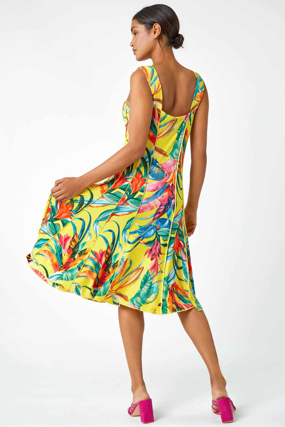 Yellow Tropical Print Stretch Panel Dress, Image 3 of 5