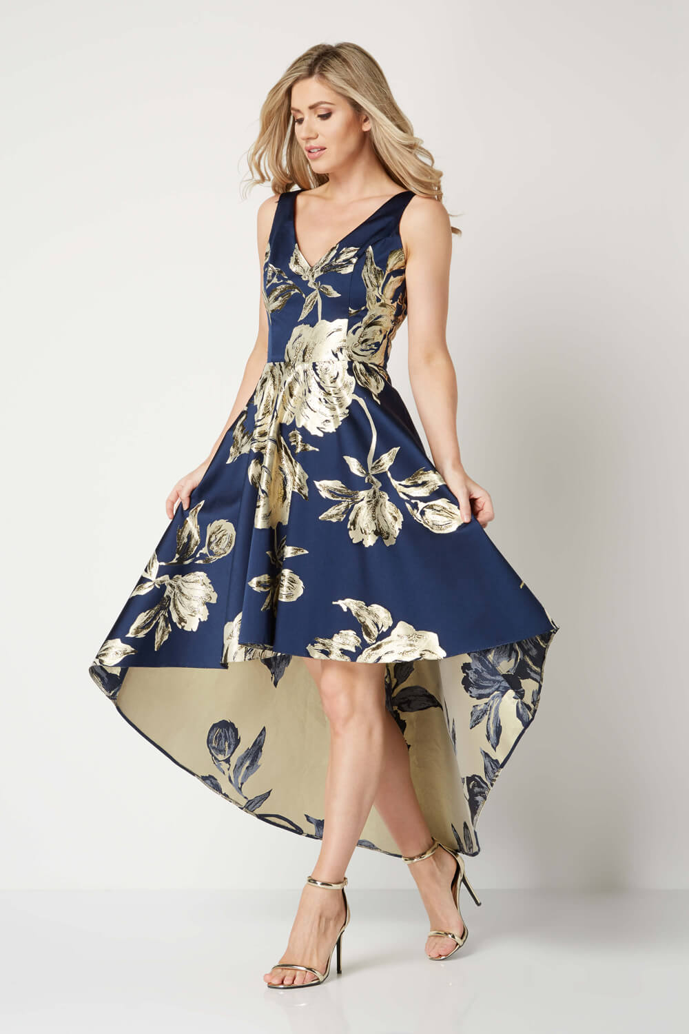 Navy  Gold Jacquard Rose Gown Dress, Image 3 of 3