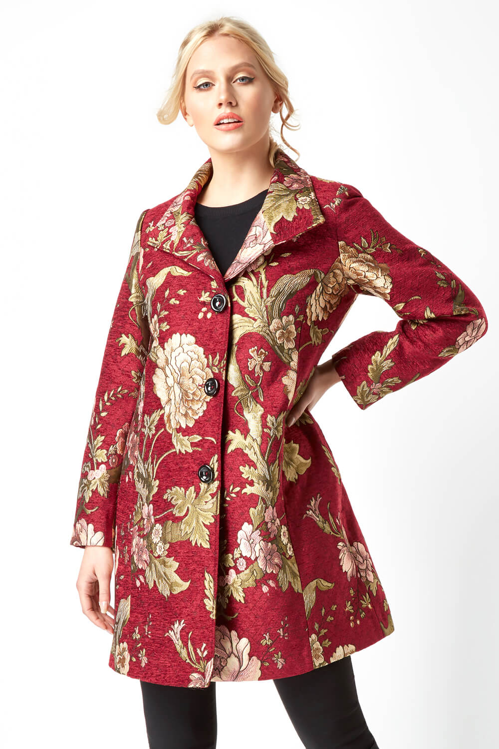 Floral Jacquard Coat in Multi Coloured - Roman Originals UK