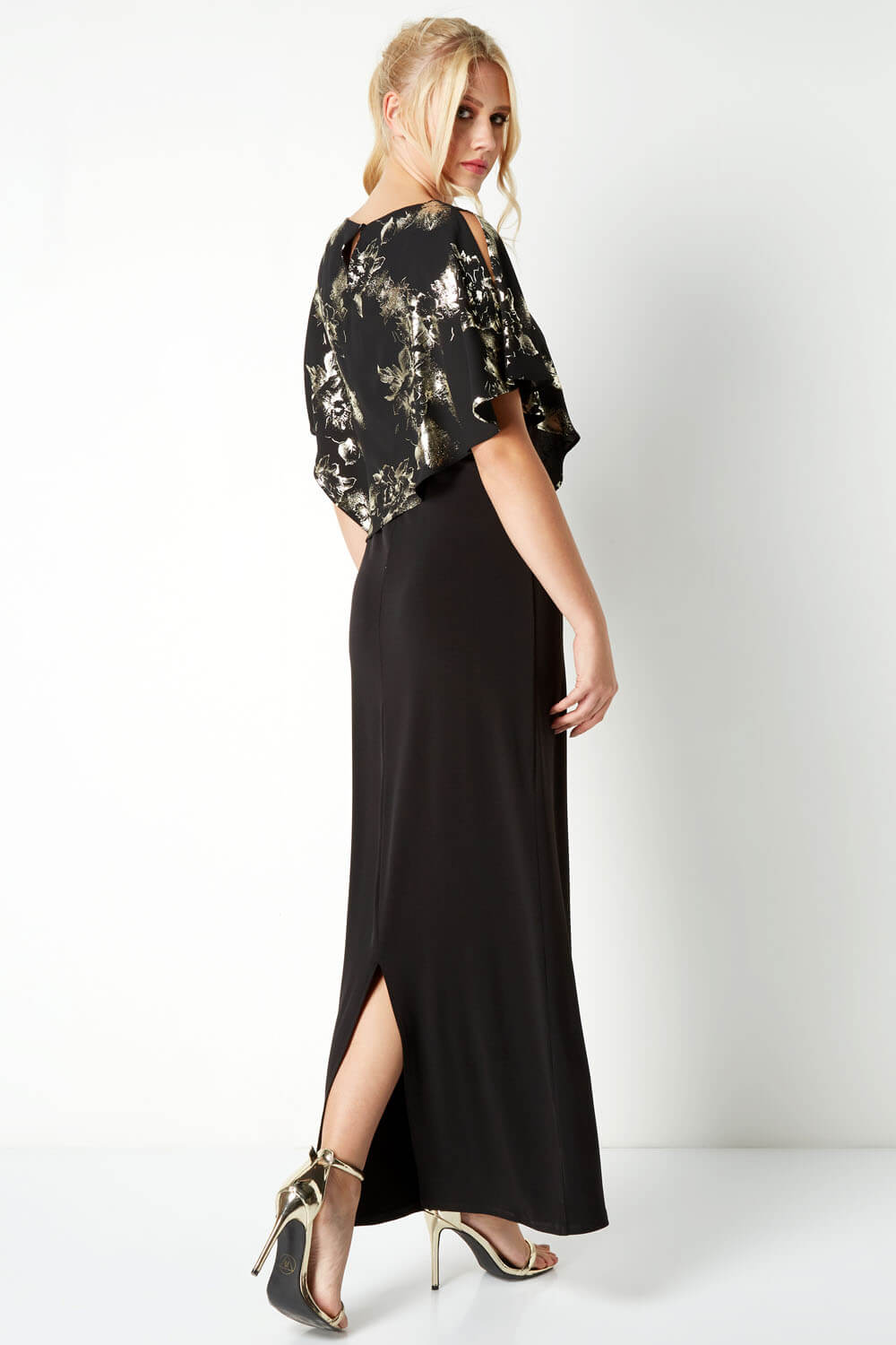 Gold Floral Overlay Maxi Dress, Image 3 of 5