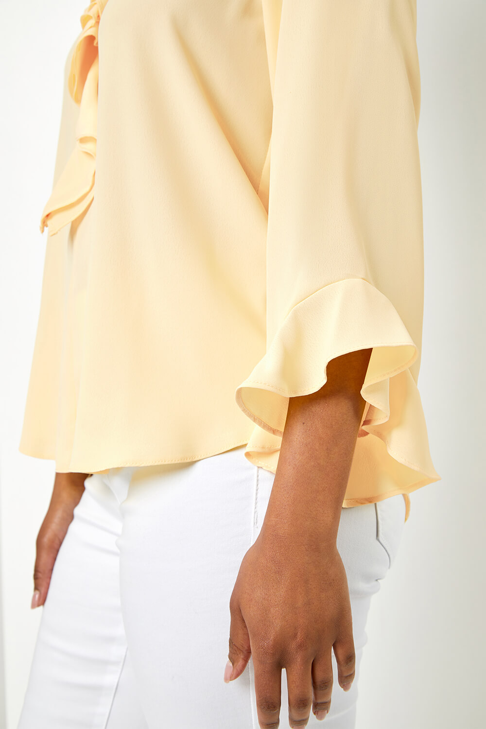 Yellow Petite Flared Sleeve Frill Detail Blouse, Image 5 of 5