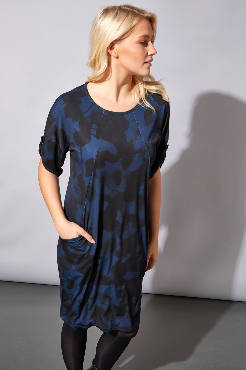 Navy  Abstract Floral Pocket Tunic Dress, Image 2 of 4