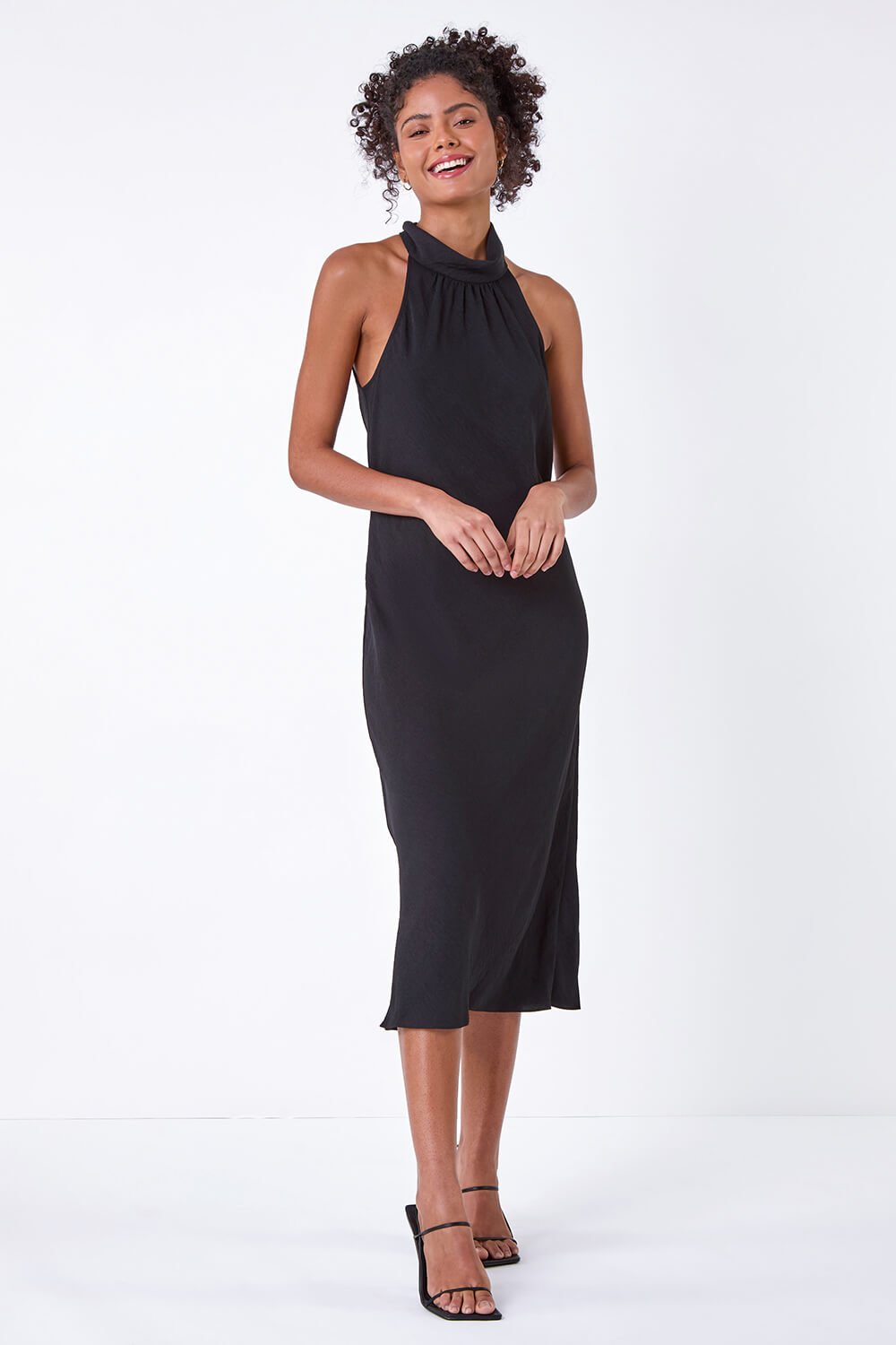 Black Plain Woven Halterneck Midi Dress, Image 2 of 8