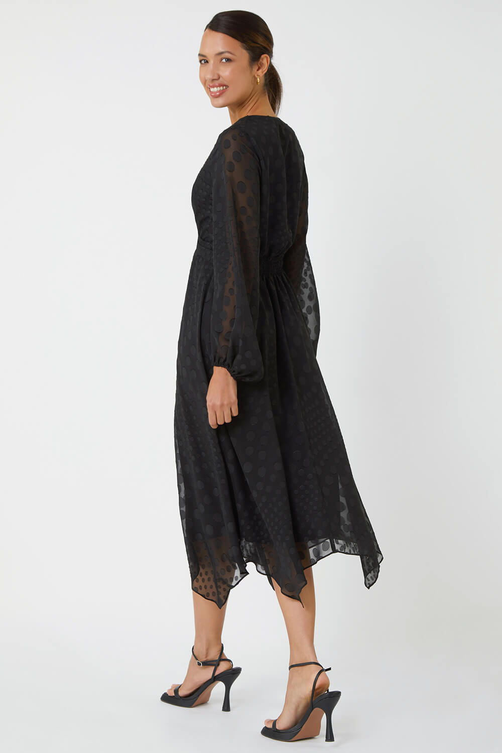 Black Polka Dot Twist Detail Chiffon Dress, Image 3 of 5