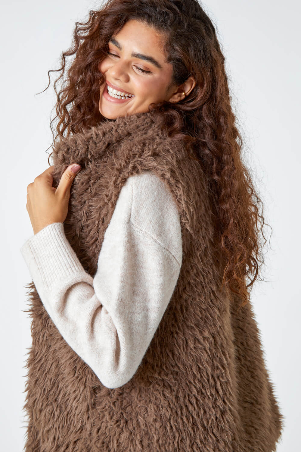 Taupe Faux Fur Fluffy Gilet, Image 4 of 5