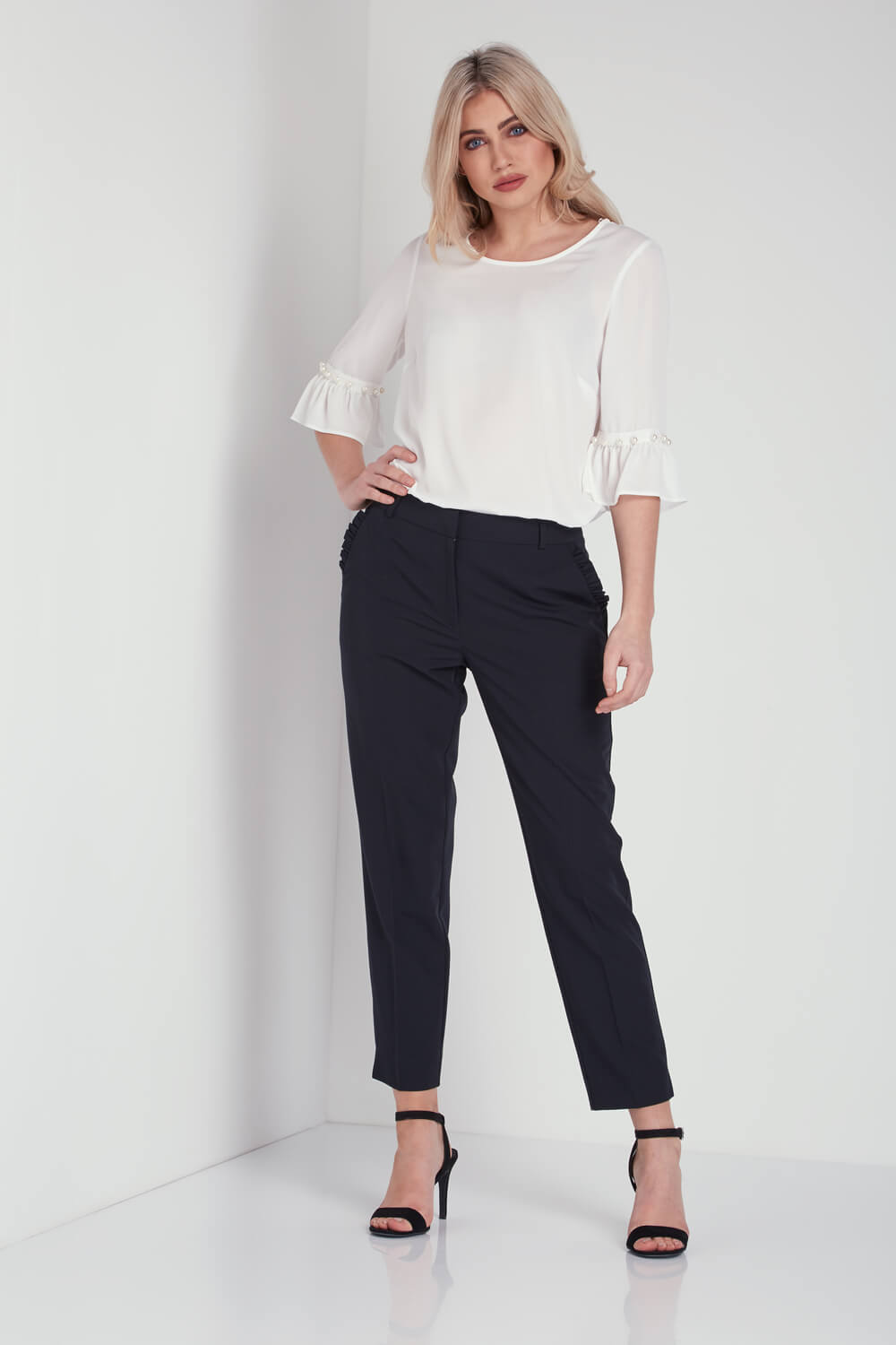 Black Tapered Frill Detail Trousers, Image 3 of 5