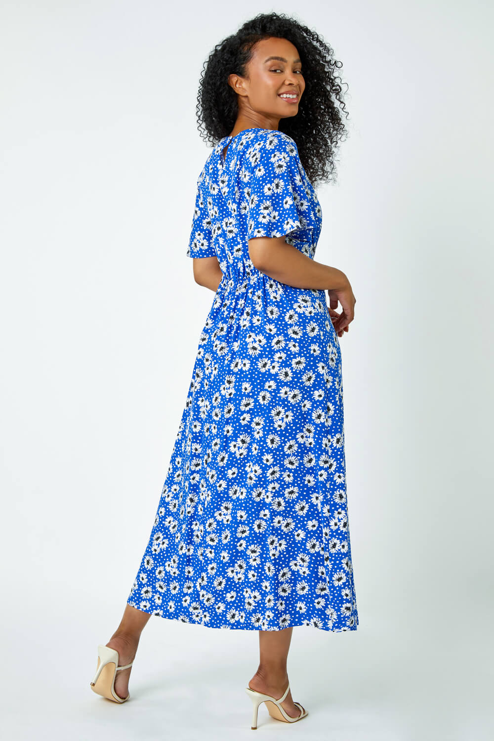 Blue Petite Floral Print Flute Sleeve Dress, Image 3 of 5