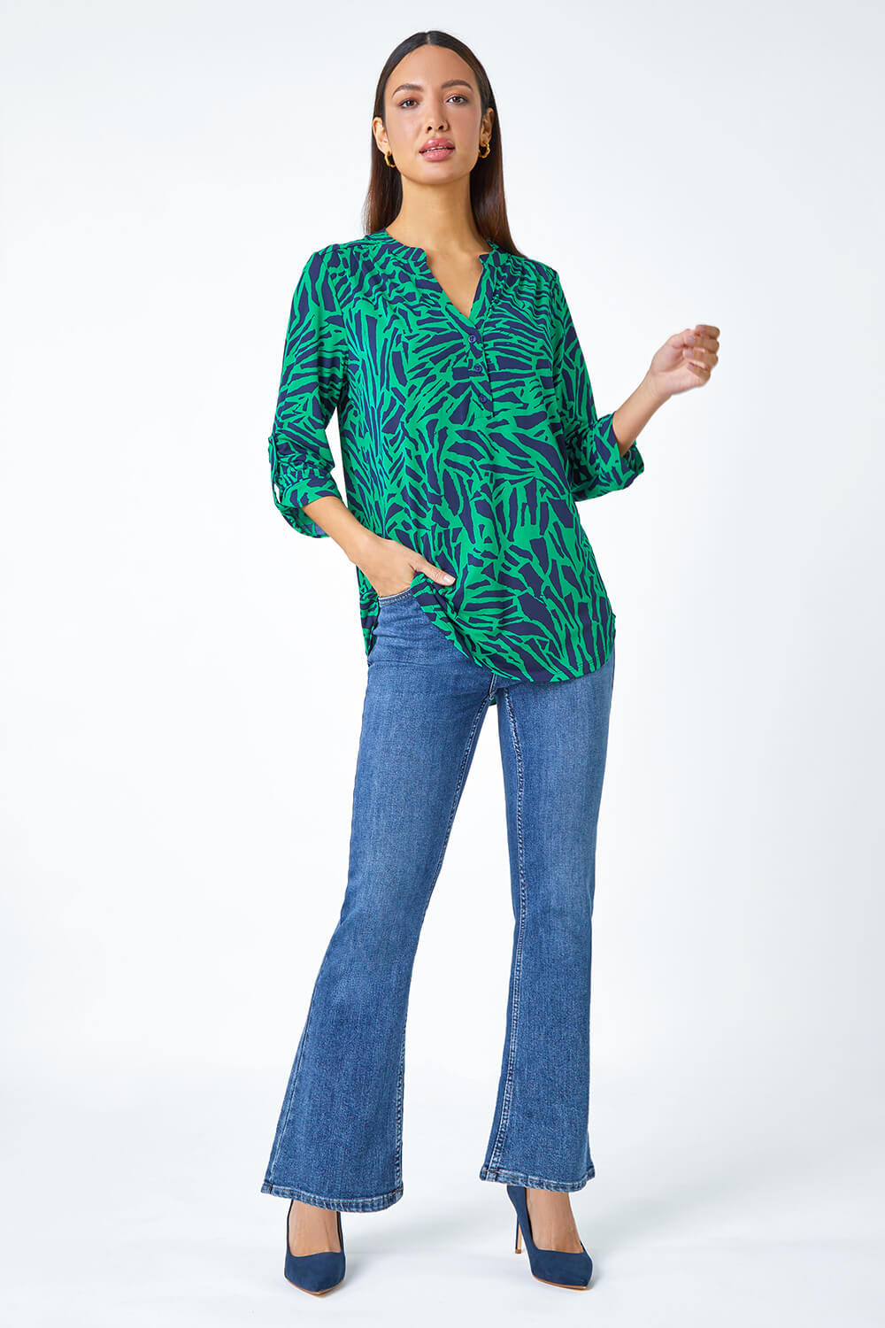 Green Abstract Animal Stretch Jersey Top, Image 2 of 5