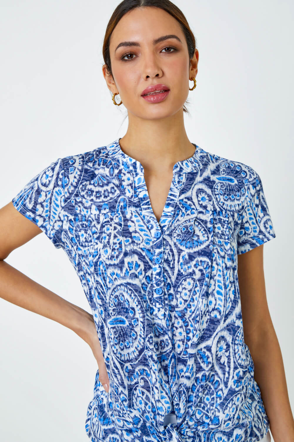 Blue Paisley Print Tie Detail Shirt, Image 4 of 5