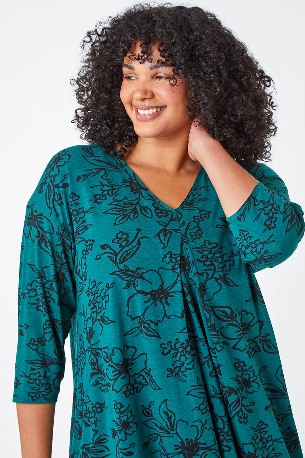 Green Curve Tie Back Floral Tunic Stretch Top, Image 4 of 5