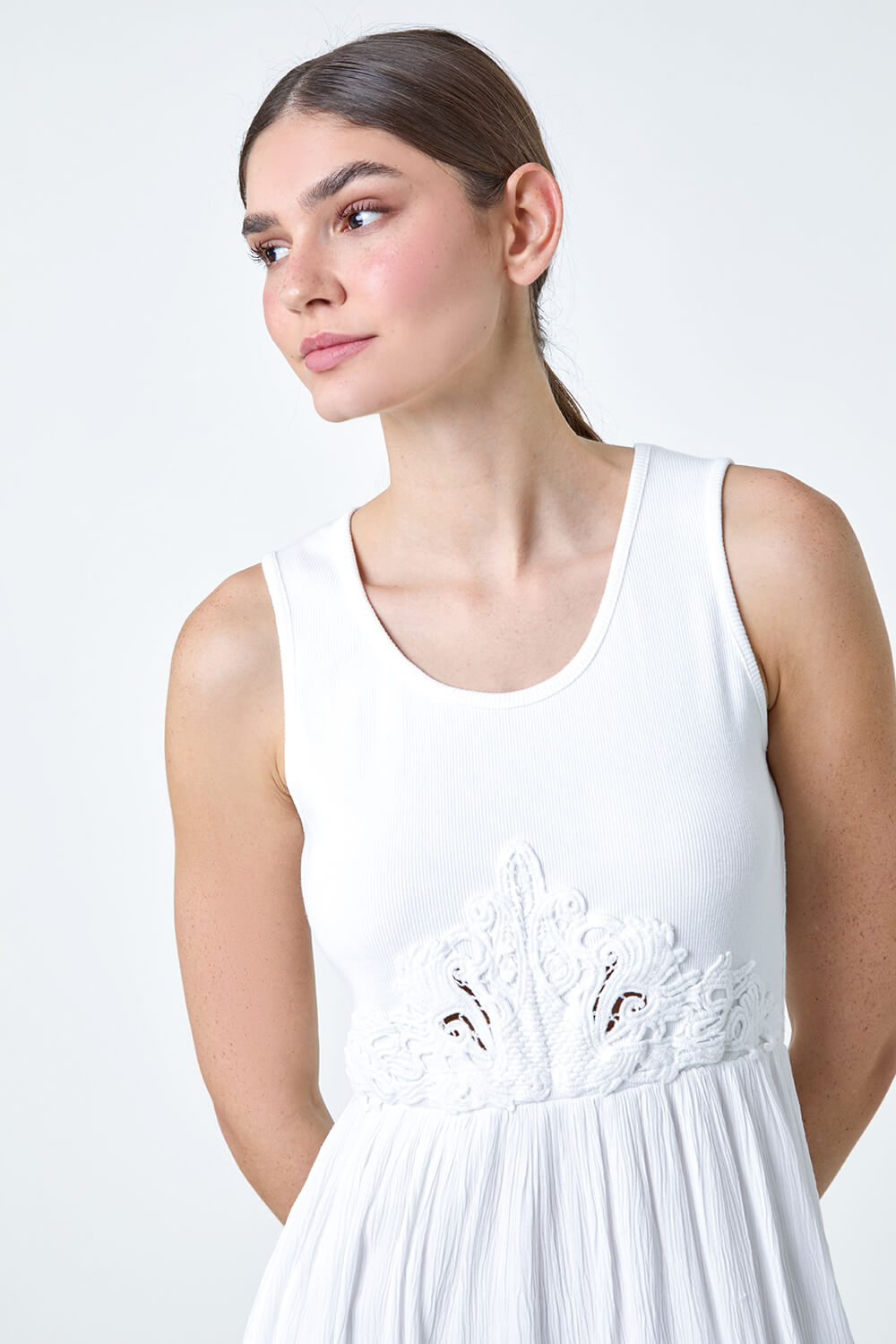 White Cotton Blend Lace Detail Midi Dress, Image 4 of 5