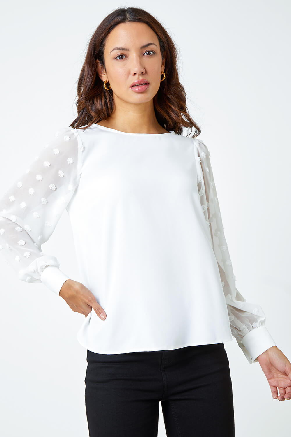 Ivory  Textured Spot Sleeve Top, Image 2 of 5