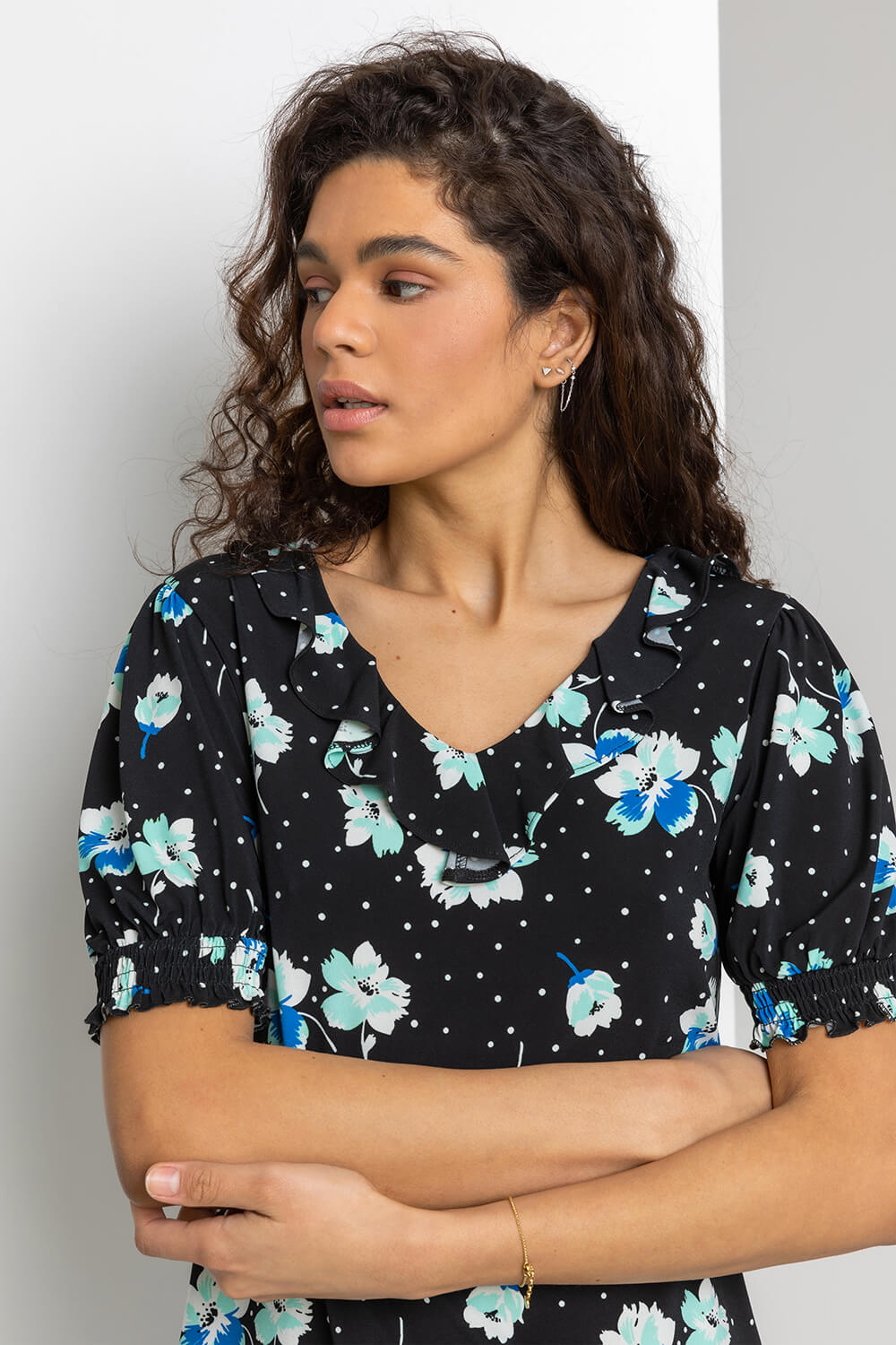 Black Floral Print Frill Neck Top, Image 4 of 4