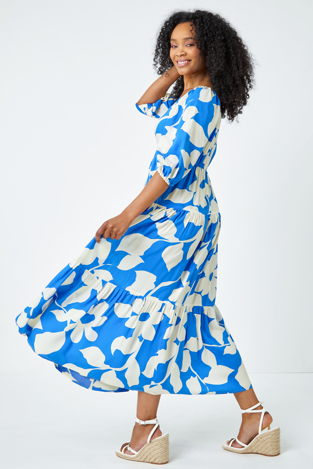 Blue Petite Floral Print Tiered Maxi Dress, Image 4 of 6
