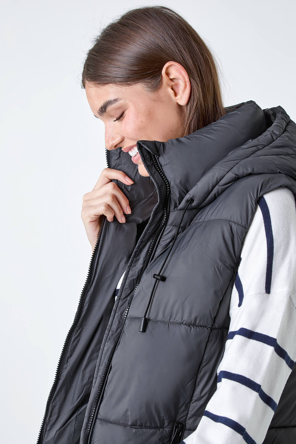 Charcoal Padded Longline Hooded Gilet, Image 5 of 6