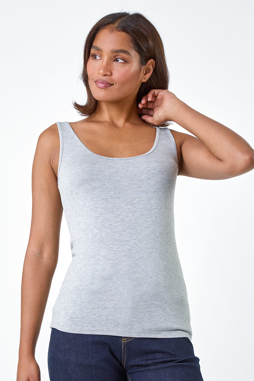 Light Grey Plain Stretch Jersey Vest Top, Image 4 of 5