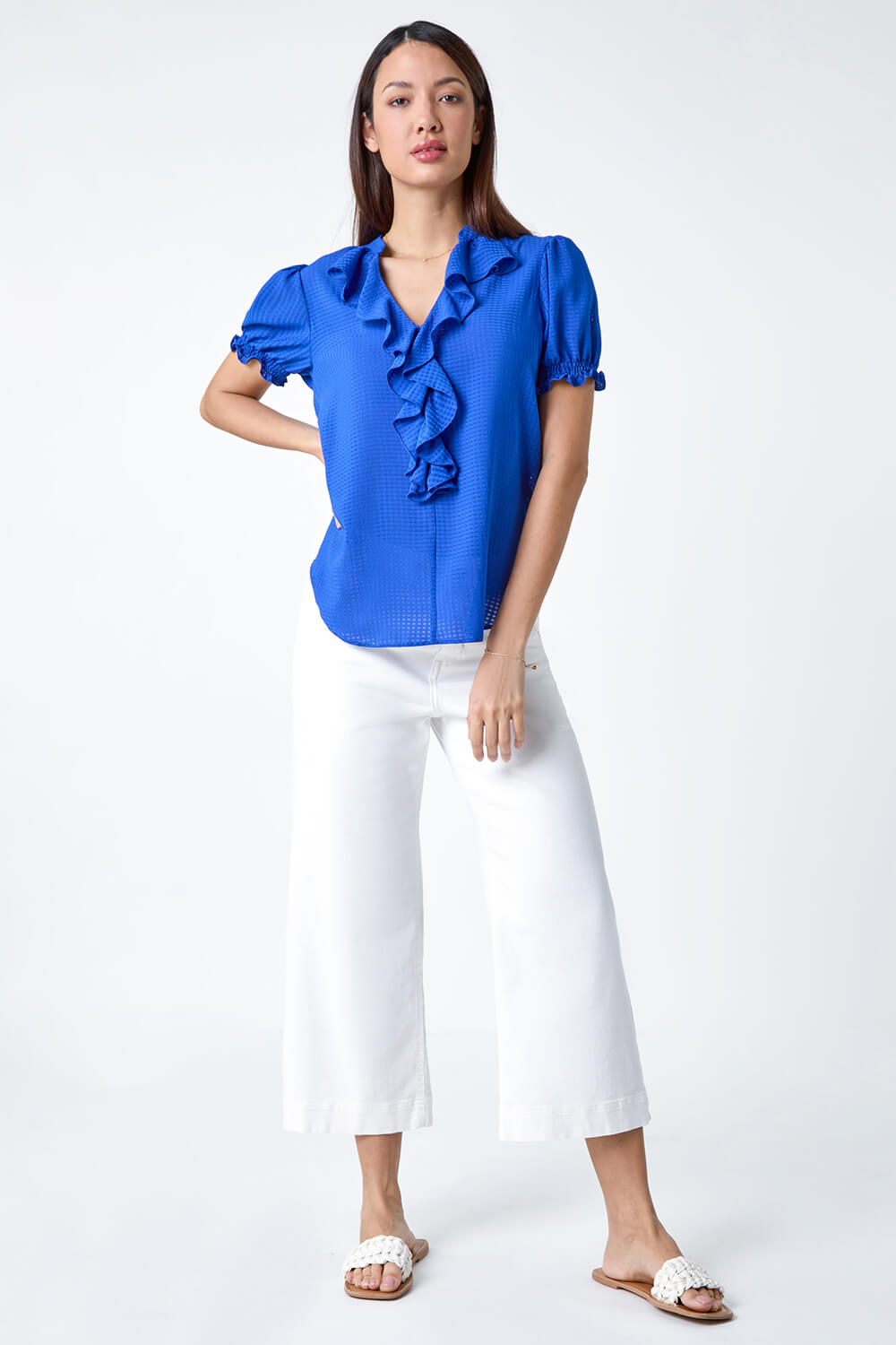 Royal Blue Waffle Textured Frill Detail Top, Image 2 of 5
