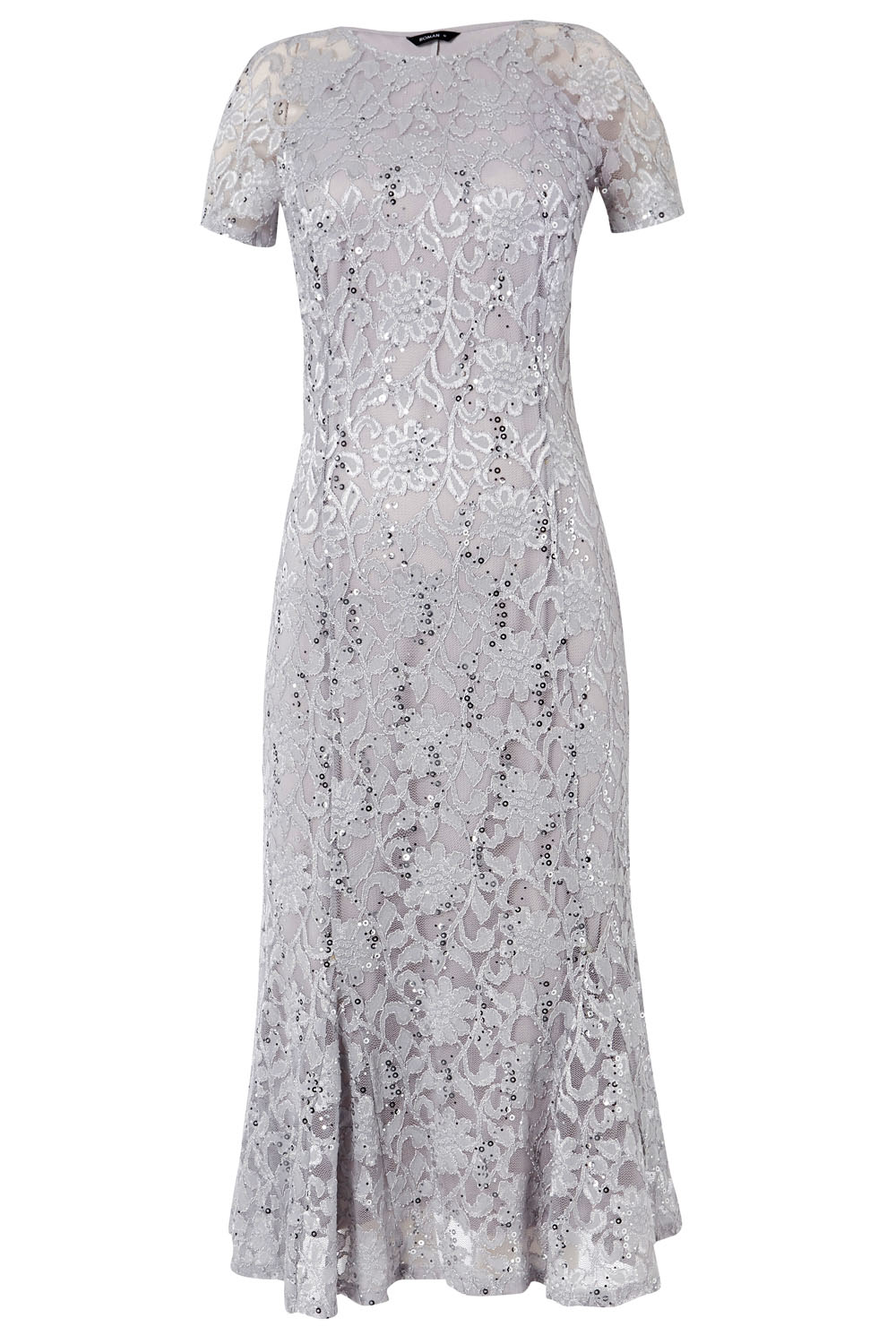 Metallic Lace Sequin Midi Dress in Silver - Roman Originals UK