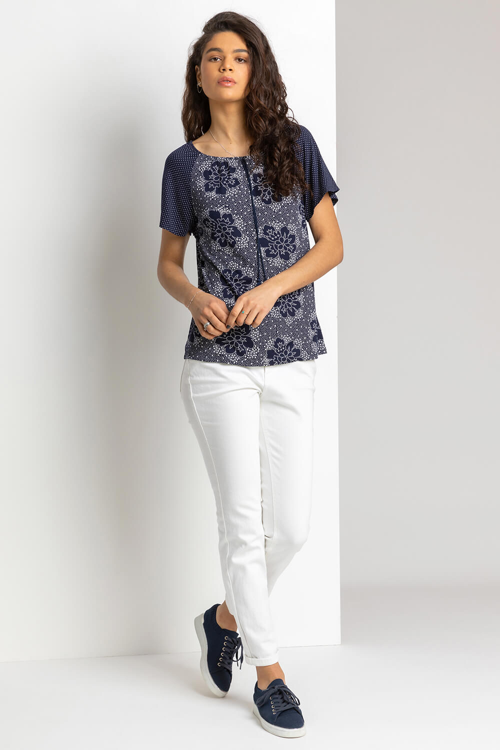 Navy  Mixed Floral Spot Print Tassel Top, Image 3 of 4