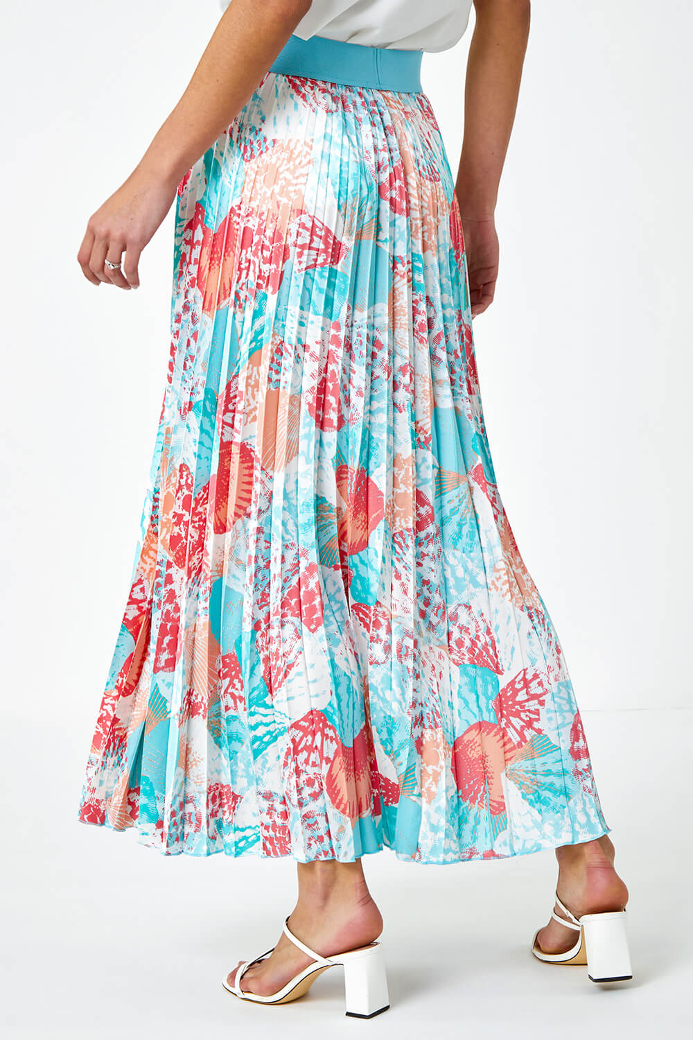 Turquoise Seashell Print Pleated Maxi Skirt, Image 3 of 5