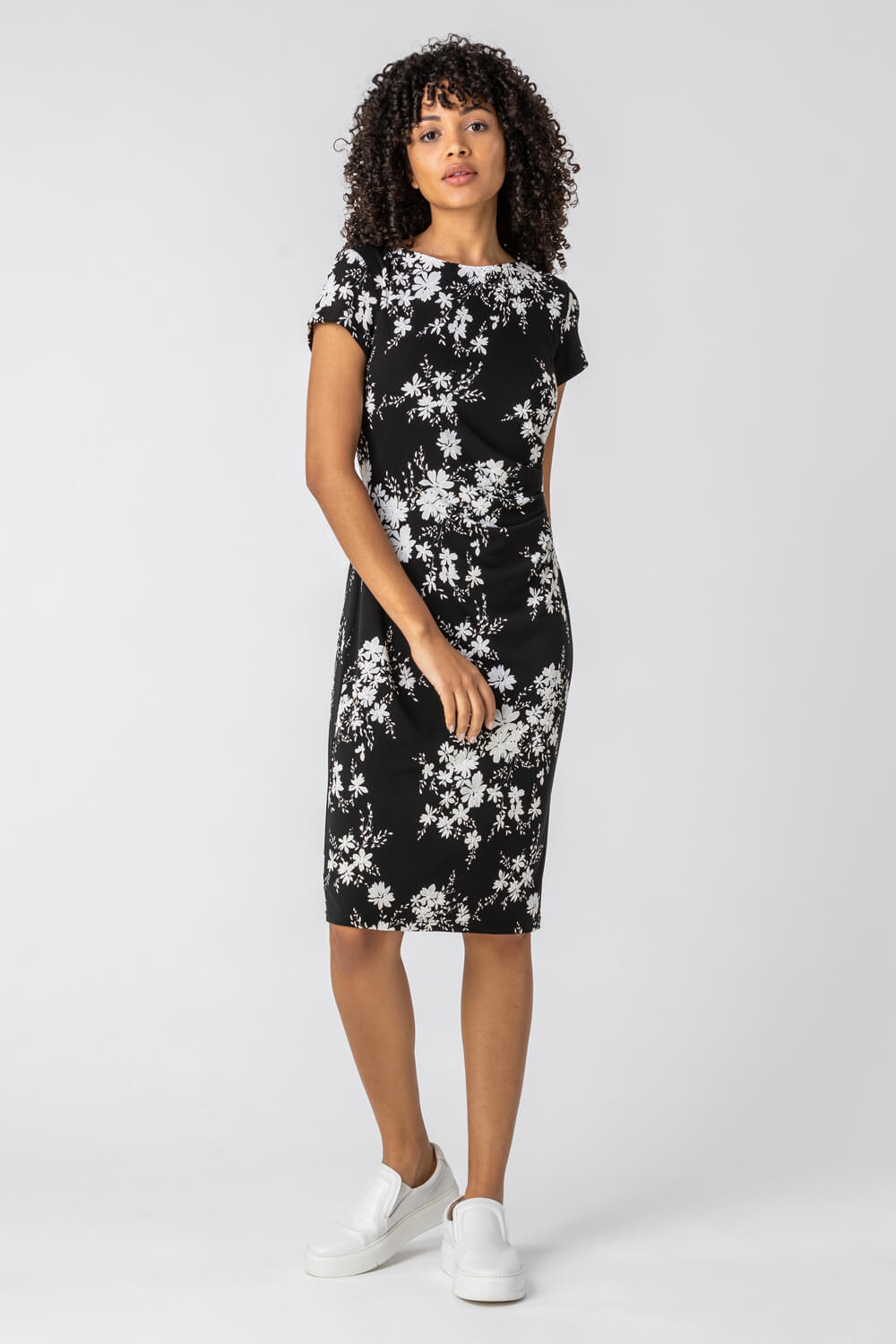 Black Floral Puff Print Side Ruched Dress, Image 3 of 4