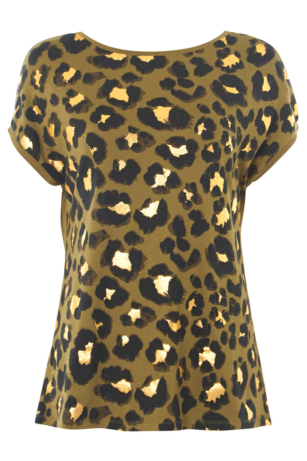 Leopard Foil Print T-Shirt in Khaki - Roman Originals UK