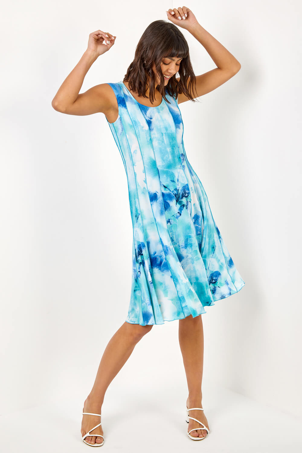 Aqua Floral Print Stretch Panel Dress, Image 3 of 5