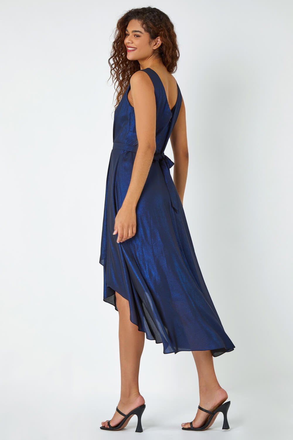 Royal Blue Pleat Detail Shimmer Midi Dress, Image 3 of 5