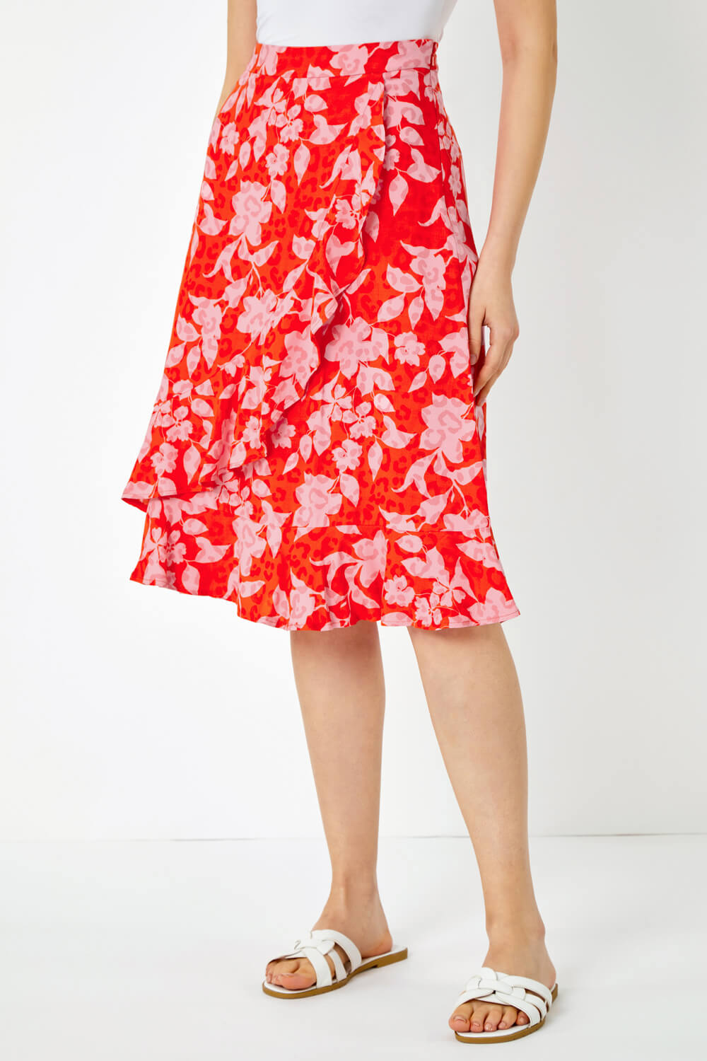 ORANGE Floral Frill Detail Wrap Skirt, Image 4 of 5
