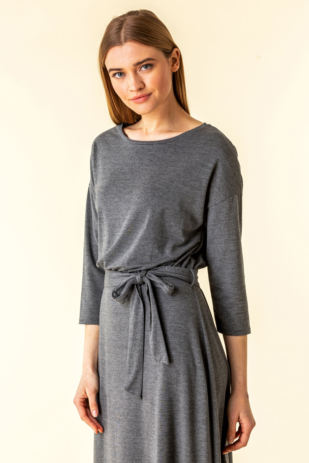 Grey Belted Jersey Midi Dress, Image 3 of 4