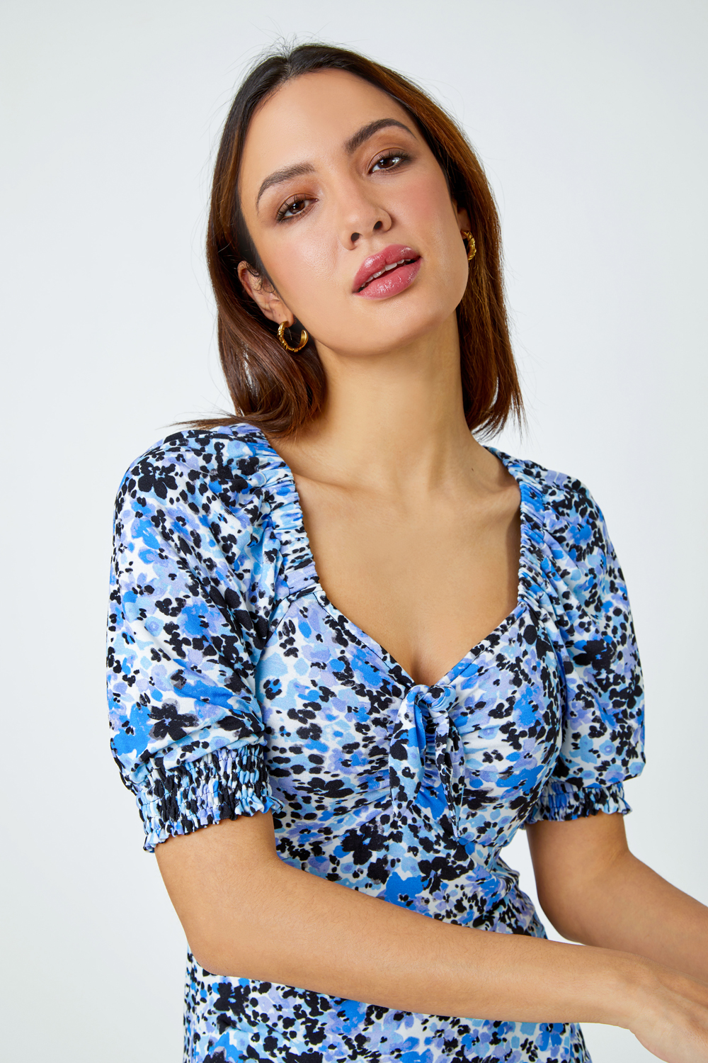 Blue Floral Print Tie Detail Jersey Top, Image 5 of 5