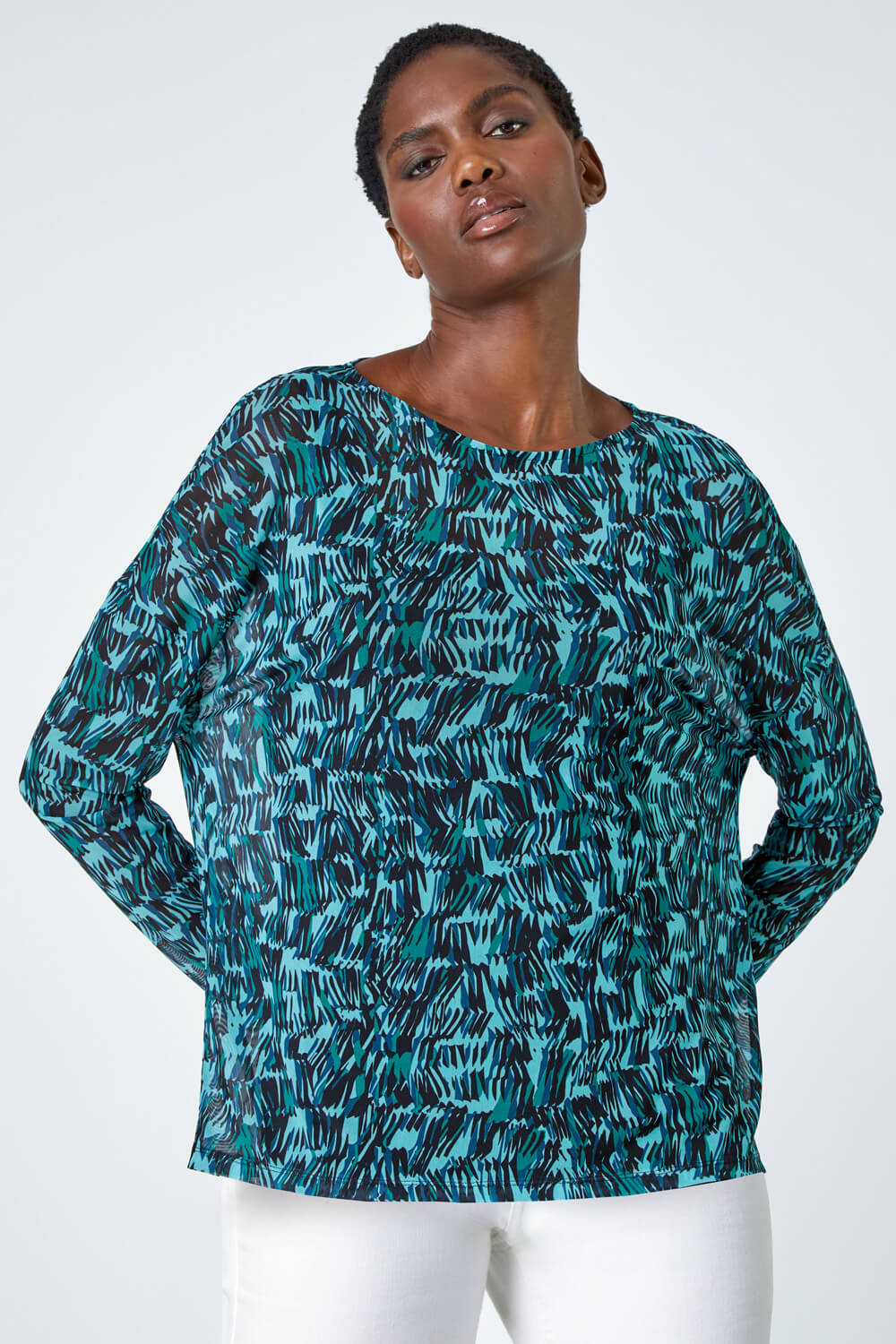 Blue Abstract Print Mesh Overlay Stretch Top, Image 5 of 5