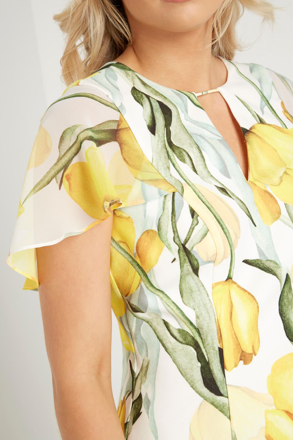 Yellow Floral Print Chiffon Scuba Dress, Image 3 of 4