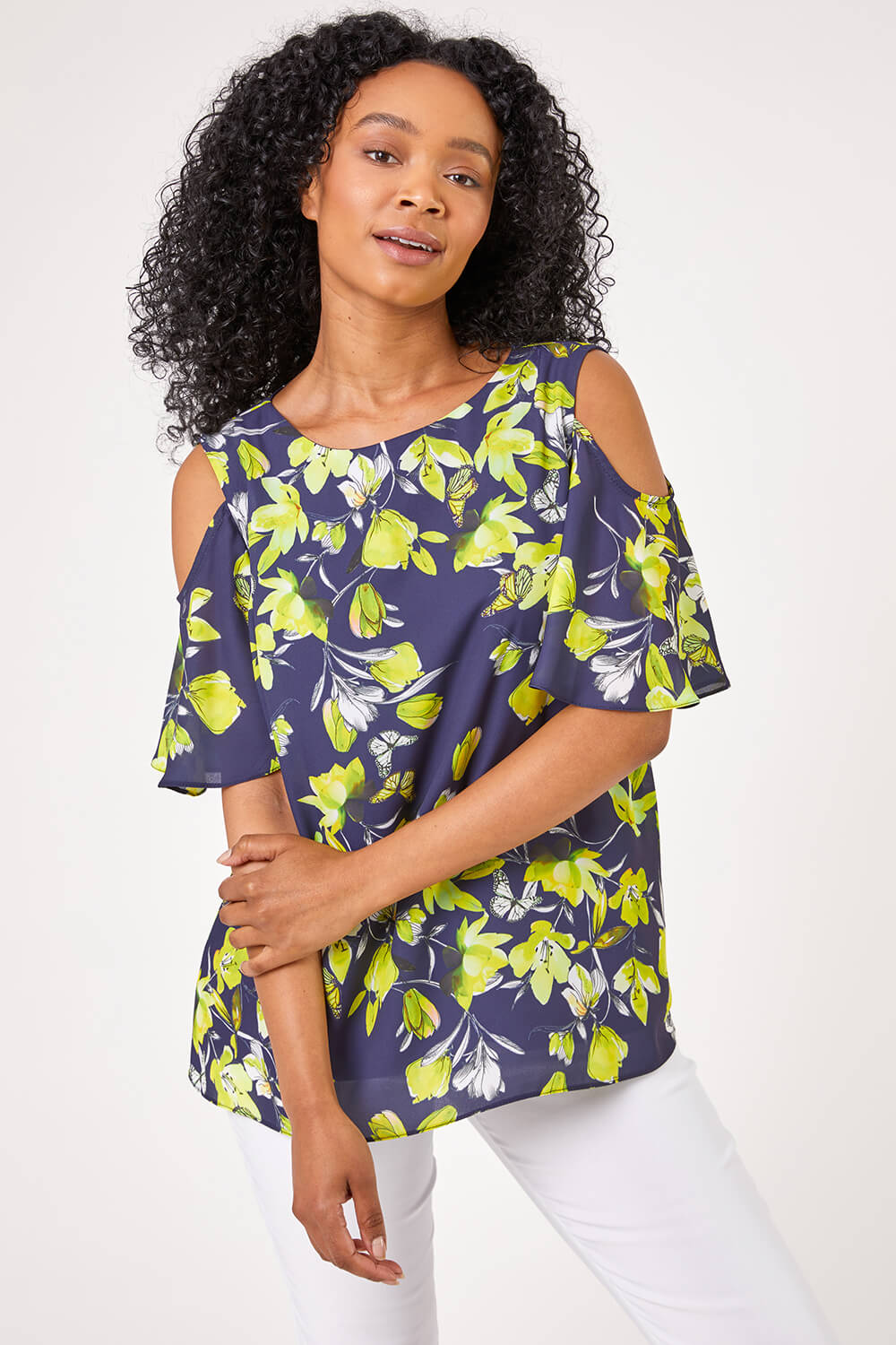 Navy  Petite Floral Print Cold Shoulder Chiffon Top, Image 1 of 4