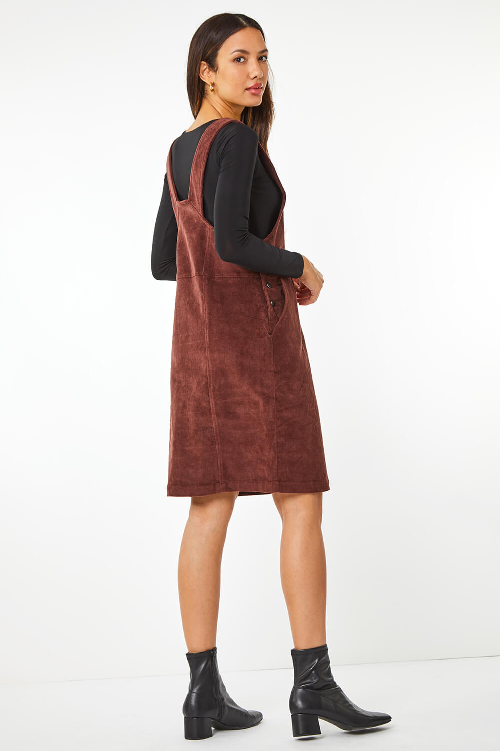 Chocolate Button Corduroy Pinafore Dress , Image 3 of 5