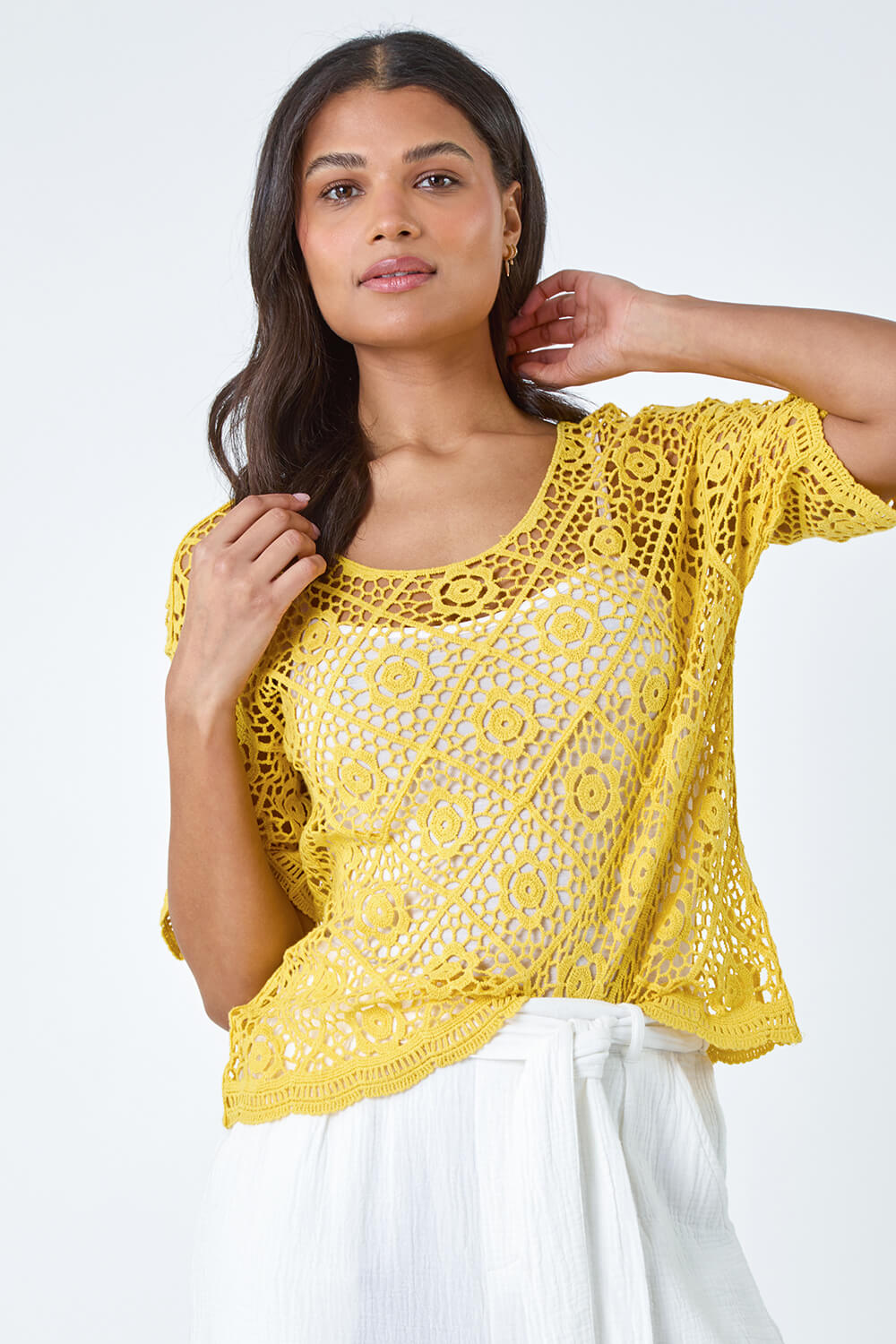 Yellow Cotton Crochet T-Shirt, Image 2 of 7