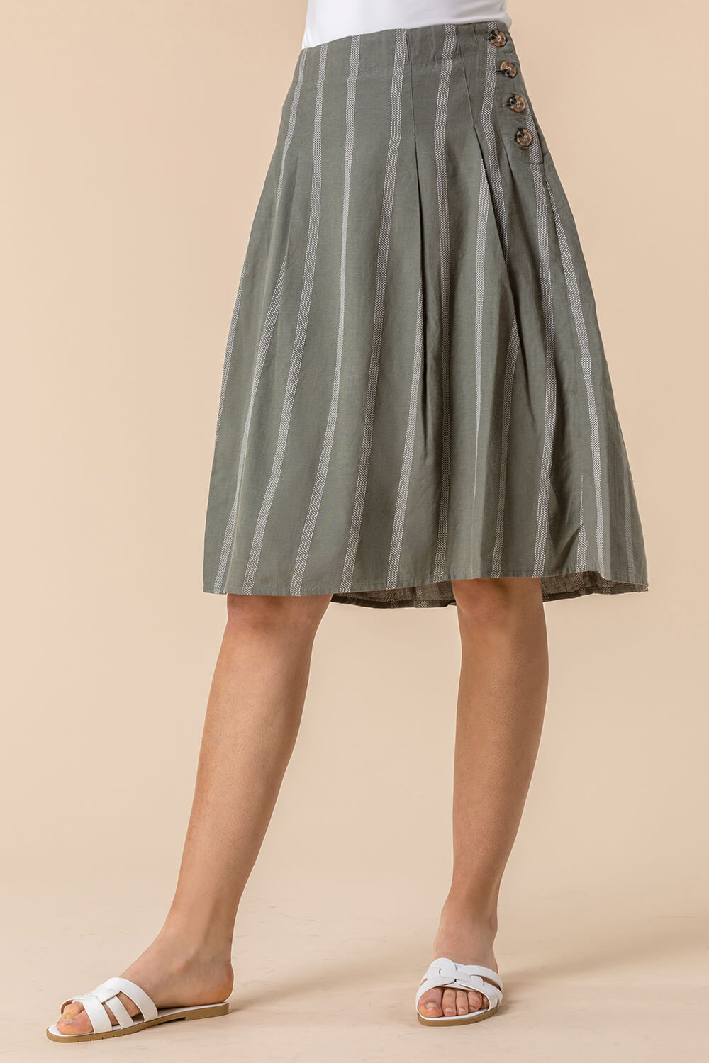 KHAKI Stripe Print Button A-Line Skirt, Image 2 of 4
