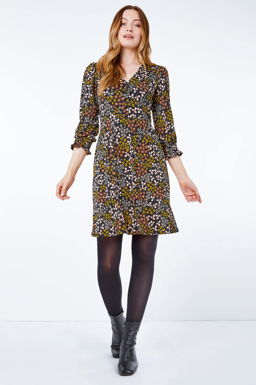 Ditsy Floral Print Tea Dress in Amber Roman Originals UK